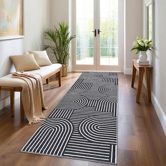 ROYHOME Modern Rug 2.5x10 Runners for Hallways, Abstract Kitchen Runner Rugs Non Slip Bath Mat, Rainbow Washable Runner Rug for Bedroom, Soft Long Rugs for Entryway Bathroom Laundry Dorm, Black