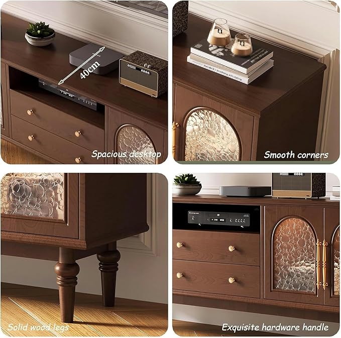 TV Stand TV-Console Table, Solid Wood TV Stands, 59×15.7×22.8in, Tempered Glass Door, Modern Entertainment Center, Tv Cabinet with Drawers, TV Table, for Living Room, Bedroom(Black B)