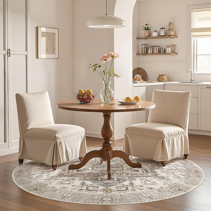 6x6 Round Area Rugs Washable Vintage - Soft Traditional Rugs for Living Room Large Non Slip Backing with Low Pile Farmhouse Oriental Retro Carpet for Bedroom Dining Room or Home Office - Light Brown