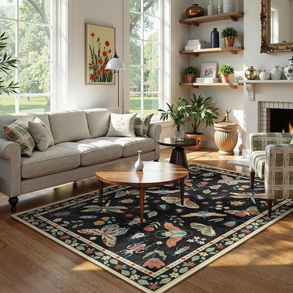 Lahome Insect Washable Small Area Rug, 3x5 Area Rug for Bedroom Living Room, Non-Slip Soft Accent Throw Carpet for Kitchen Office Entryway Bathroom Office Vionnet, Black
