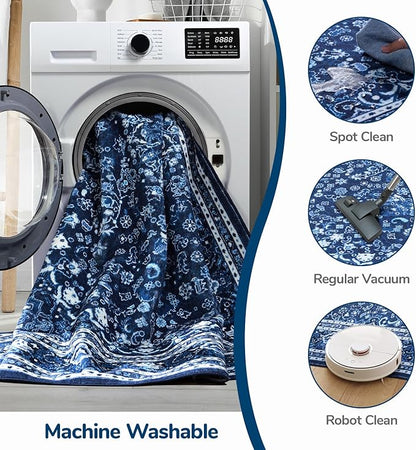 Lessymo 2 x 6 Runner Rug- Machine Washable Area Rugs Boho Faux Wool Low Pile Area Rug for Bedroom, Floral Medallion Vintage Rugs with Non-Slip Rubber,Blue White