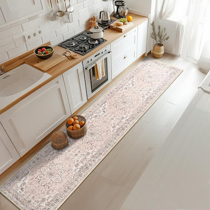 BESTSWEETIE 2x10 Area Rug Washable Rugs for Living Room, No Pile Boho Carpet for Entryway Bedroom Dinning Room, Vintage Carpet Print Distressed Non-Slip, 2 x 10 ft, Pink Beige Grey