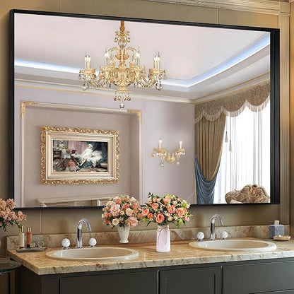 CIRCUMI Black Bathroom Mirror, 60"x40" Rectangular Mirror with Deep Metal Frame, Brushed Finish, Tempered Glass, Large Mirror for Wall, Over 2 Sinks, Installed Vertically/Horizontally, Crystal-Clear