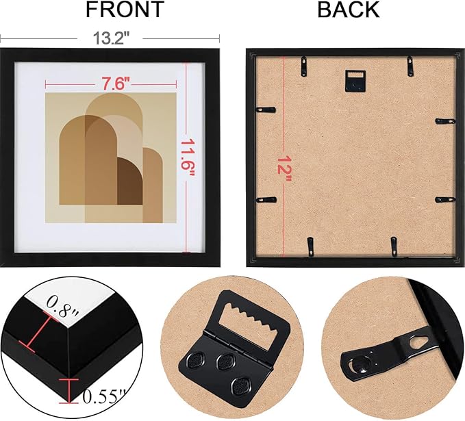 HEART ART 12x12 Black Picture Frame Set of 9, Display Pictures 8x8 with Mat or 12 x 12 without Mat, Multi Collage Gallery Square Photo Frames for Wall
