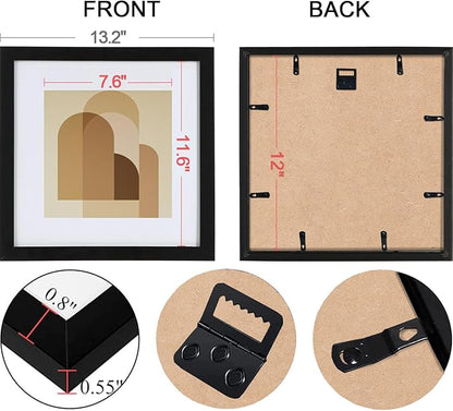 HEART ART 12x12 Black Picture Frame Set of 9, Display Pictures 8x8 with Mat or 12 x 12 without Mat, Multi Collage Gallery Square Photo Frames for Wall