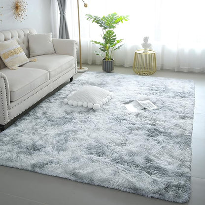 KICHOWUA 4x6 Light Grey Fluffy Shag Area Rug for Bedroom, Ultra Soft Fuzzy Plush Washable Carpet for Living Room, Modern Cozy Non Skid Furry Shaggy Rug for Kids Baby Boys Nursery Dorm,Tie-Dye Gray