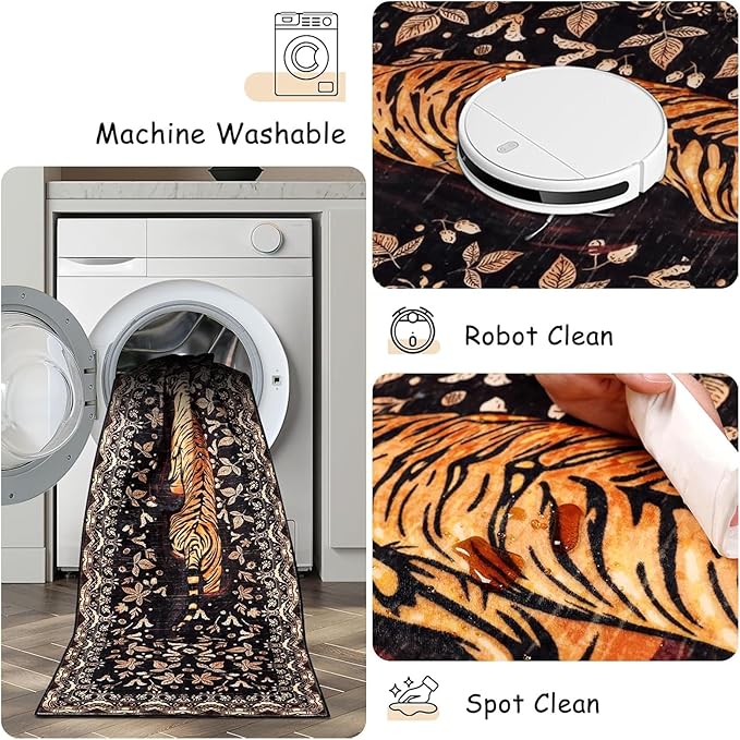 Washable Tiger Area Rugs 5x7Ft, Boho Animal Living Room Bedroom Rugs, Soft Low Pile Jungle Kids Nursery Dining Room Area Floor Carpets for Dorm Playroom Farmhouse Fall Decor, Black/Gold