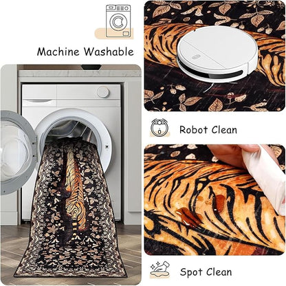 Washable Tiger Area Rugs 5x7Ft, Boho Animal Living Room Bedroom Rugs, Soft Low Pile Jungle Kids Nursery Dining Room Area Floor Carpets for Dorm Playroom Farmhouse Fall Decor, Black/Gold