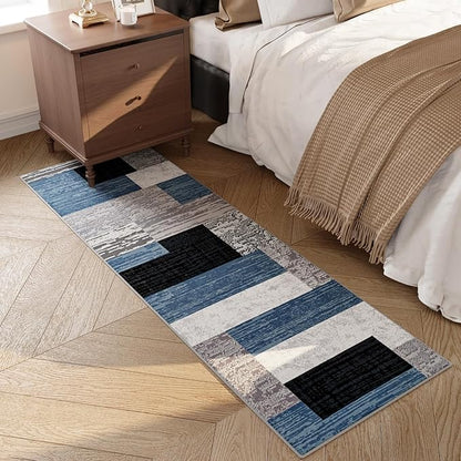 FlyDOIT Modern Geometric Patchwork Area Rug, 2x6 Blue Runner Rugs for Living Room, Rockwood Collection Indoor Rugs for Bedroom, Throw Carpet Floor Decor for Entryway Dining Room Office Nursery