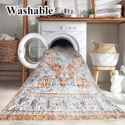 CHAMPLANT 4x6 Washable Vintage Area Rug Tangerine Traditional Floor Cover Foldable Rug Retro Kitchen Accent Rug Indoor Distressed Non Slip Carpet Floral Print Mat Bedroom Living Room Bathroom