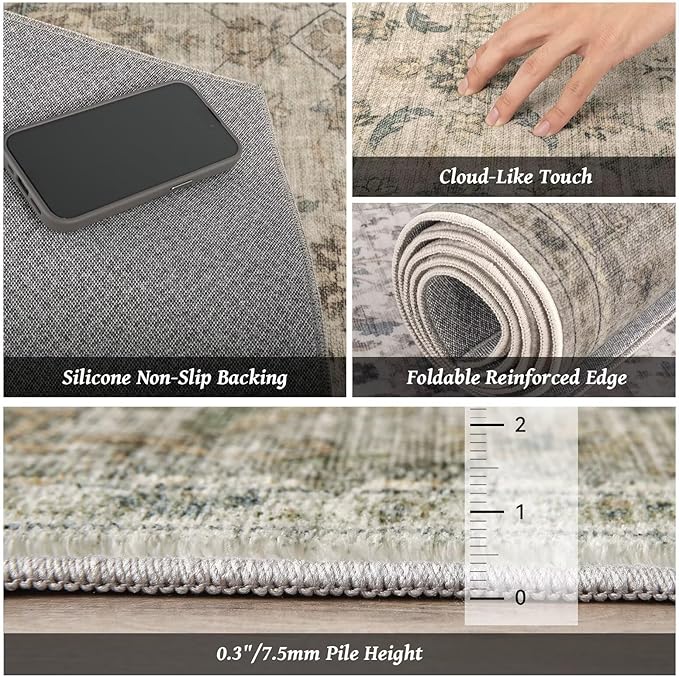 Washable 10x14 Area Rugs for Living Room, Boho Non-Slip Vintage Distress Large Rugs for Bedroom Dining Room Office, 0.3" Neutral Oriental Throw Thin Carpet, Flaxen/Multi, B2