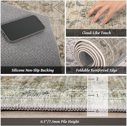 Washable 10x14 Area Rugs for Living Room, Boho Non-Slip Vintage Distress Large Rugs for Bedroom Dining Room Office, 0.3" Neutral Oriental Throw Thin Carpet, Flaxen/Multi, B2