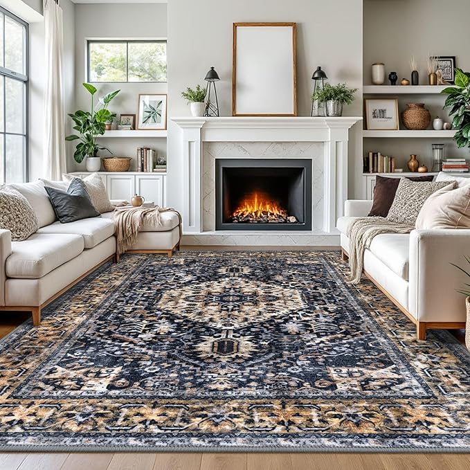 KOZYFLY Boho Area Rug 9x12 Ft Thin Rugs for Living Room Washable Bedroom Rug Non Slip Rugs for Living Room Gold/Orange/Navy Printed Faux Wool Vintage Bedroom Rug Floor Carpet