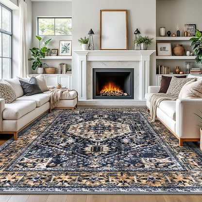 KOZYFLY Boho Area Rug 9x12 Ft Thin Rugs for Living Room Washable Bedroom Rug Non Slip Rugs for Living Room Gold/Orange/Navy Printed Faux Wool Vintage Bedroom Rug Floor Carpet