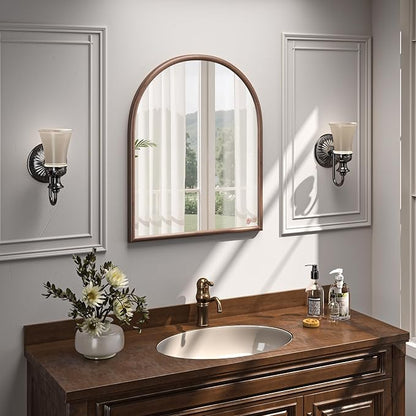 28"x32" Arch Wall Mirror for Wall, Wall Mounted Vanity Mirror for Bedroom, Wood Grain Finish Frame Mirror with Tempered Glass, Vintage Decorative for Bathroom, Entryway, Living Room, Walnut