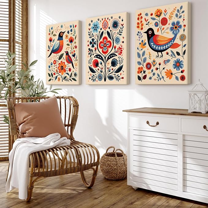Scandinavian Folk Wall Art Nodic Flower Canvas Wall Decor Norwegian Wall Art Poster Swedish Antique Wall Decor Pictures Floral Bird Prints Vintage Poster for Home Kitchen 12x16x3 Inch Ready to Hang