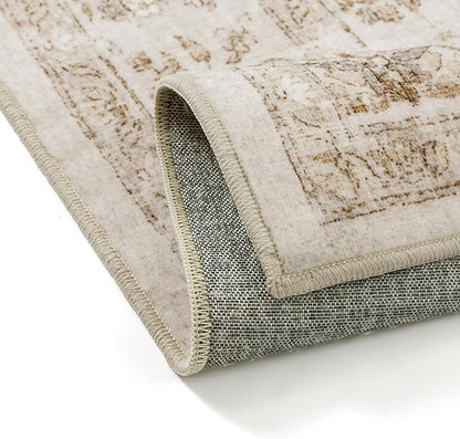 PureCozy 5x7 Beige Area Rug Washable Living Room Vintage Carpet Bedroom Distressed Non Slip Low Pile Thin Dining Room Office Medallion Accent Throw Rug