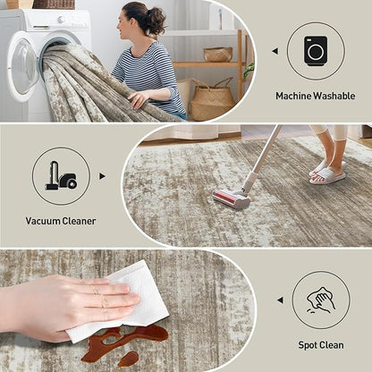 6x9 Area Rugs Washable Rug: Large Modern Abstract Living Room Rug Soft Anti-Skid Thin Carpet Indoor Floor Non-Shedding Carpets for Bedroom Dining Room Farmhouse Nursery Home Office Brown White