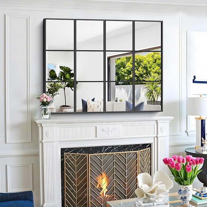 Rectangle Mirror, Window Mirror Wall Mounted, 36"×48" Window Pane Mirror Wall Decor Metal Framed, Large Black Mirror for Bedroom Living Room Fireplace Entryway Hanging or Leaning Against Wall