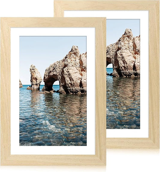 iRahmen 8x12 Picture Frame Set of 2, Wood Photo Frame with HD Glass - Display Picture 6x8 with Mat or 8 x 12 without Mat for Horizontal or Vertical Tabletop and Wall Mounting