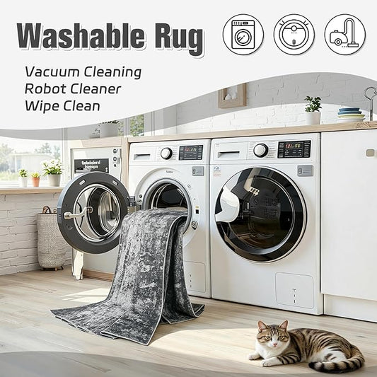 Area Rug 6x9 Living Room Rug Washable: No-Slip Abstract Soft Thin Large Deep Black Gray White Rugs, Indoor Floor Stain Resistant Modern Carpet for Bedroom Dining Room Farmhouse Nursery Home Office