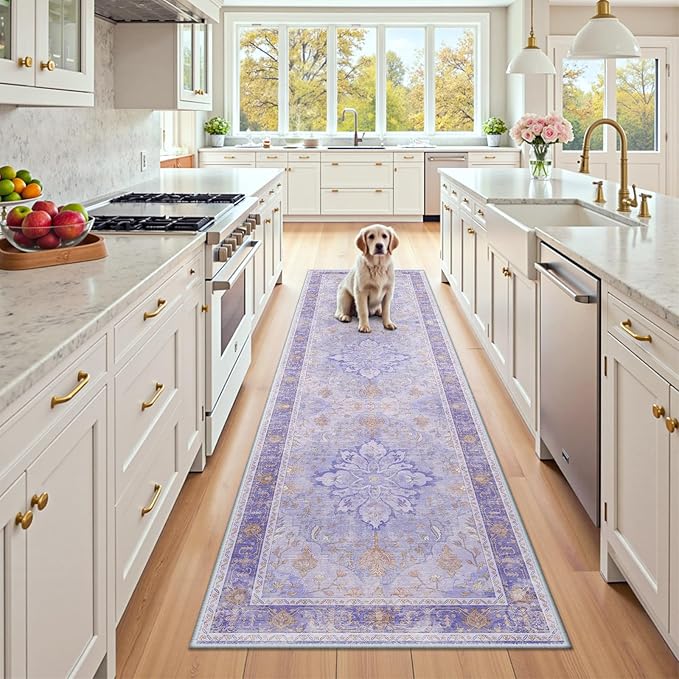 RELEANY Area Rugs 2'6"x8' Runner Rug Non Slip Washable for Kitchen Hallway Bedroom Beside Laundry Room Bathroom Rug, Floor Carpet, Light Purple Brown