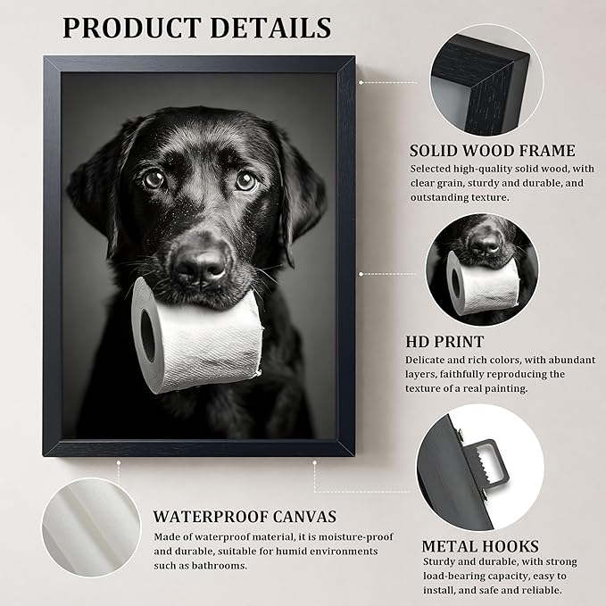 Black and White Bathroom Wall Art, Funny Labrador Dog Canvas Prints Poster, Cute Dog Chewing Toilet Paper Wall Decor, Modern Farmhouse Restroom Bathroom Home 8x10 Inch Framed