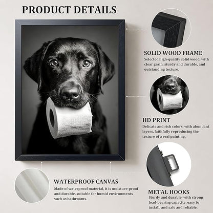 Black and White Bathroom Wall Art, Funny Labrador Dog Canvas Prints Poster, Cute Dog Chewing Toilet Paper Wall Decor, Modern Farmhouse Restroom Bathroom Home 8x10 Inch Framed