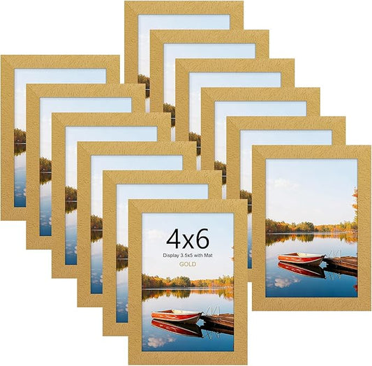 Picrit 4x6 Picture Frame Set of 12, Display 3.5x5 with Mat or 4x6 without Mat, Photo Frames for Wall Mounting or Table Top Display, Gold