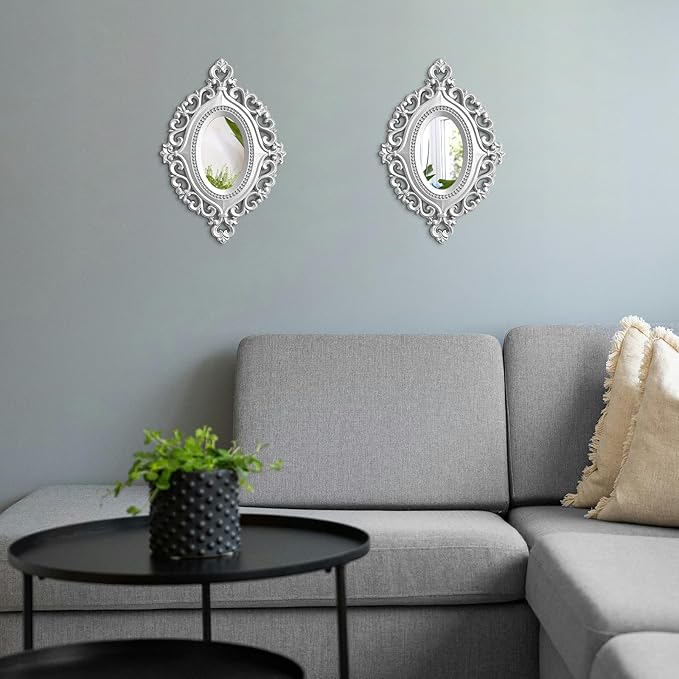 2 Set Oval Wood Carved Wall Mirror Baroque 3D Relief Rustic Home Decor Small Decorative Hanging Mirrors for Living Room, Bedroom Entrance Wall Sculpture