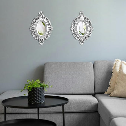 2 Set Oval Wood Carved Wall Mirror Baroque 3D Relief Rustic Home Decor Small Decorative Hanging Mirrors for Living Room, Bedroom Entrance Wall Sculpture