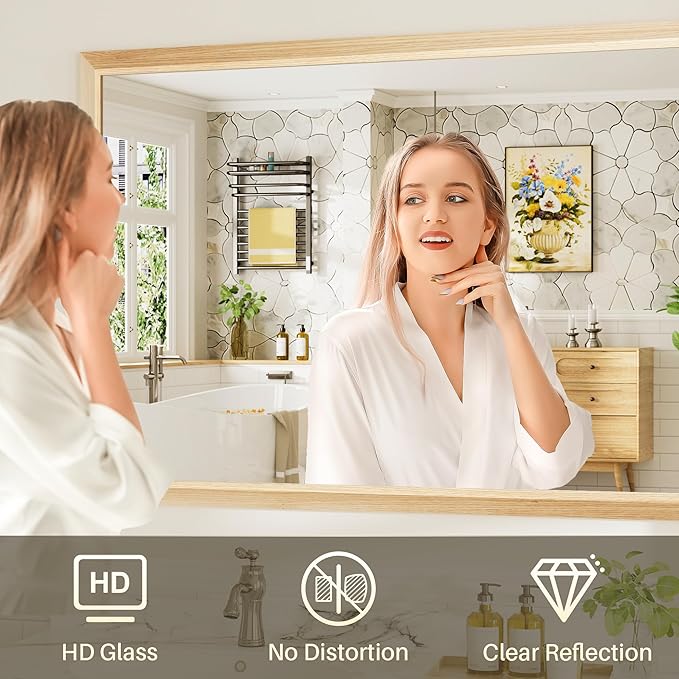48x36 Inch Bathroom Mirror for Wall, Anti-Rust Oak Wood Grain Metal Framed Bathroom Mirrors for Over Sink,Rectangler Mirrors for Bathroom Vanity, Farmhouse, Bedroom, Living Room, Entryway Decor