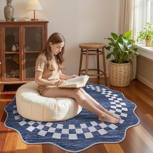 6ft Washable Round Rug for Entryway Modern Checkered Bedroom Circle Rug Non Slip Soft Dining Room Round Throw Carpet Large Stain Resistant Border Round Rugs for Living Room Kitchen Bathroom, Blue