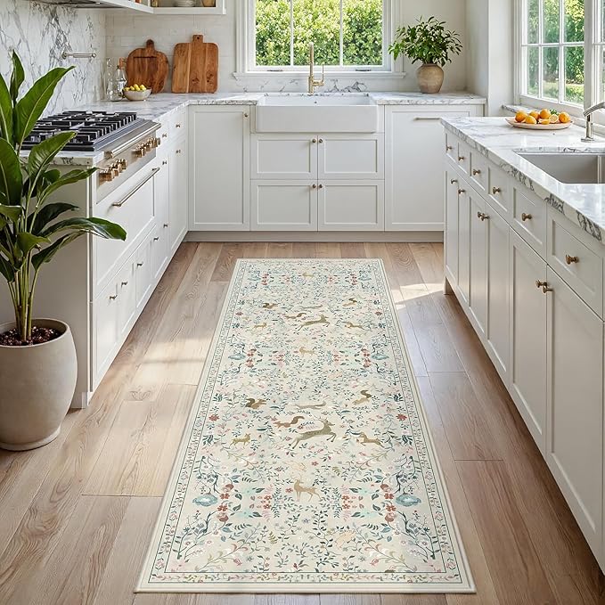 Runner Rug Washable Runners Kitchen Rugs Non Slip Neutral Floral Carpet Low Pile for Indoor Hallways Entryway Living Room Bedroom Laundry Soft Mat 2'6''x8' Beige Animal