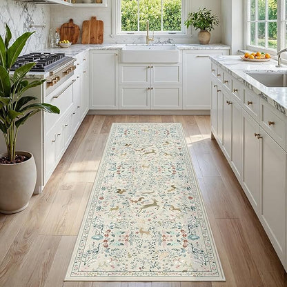 Runner Rug Washable Runners Kitchen Rugs Non Slip Neutral Floral Carpet Low Pile for Indoor Hallways Entryway Living Room Bedroom Laundry Soft Mat 2'6''x8' Beige Animal