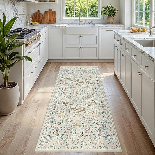 Runner Rug Washable Runners Kitchen Rugs Non Slip Neutral Floral Carpet Low Pile for Indoor Hallways Entryway Living Room Bedroom Laundry Soft Mat 2'6''x8' Beige Animal