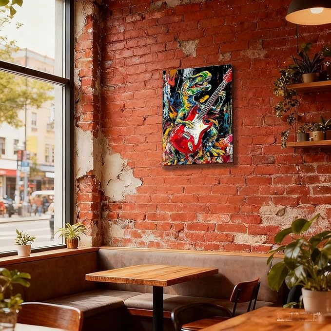12x16 Graffiti Rock Music T-Rex Wall Art Modern Abstract Dinosaur Canvas Print Colorful Child Funny Pop Home Decor Bedroom Colorful Kids Wall Posters for Boys Room Bathroom Picture Men Office Room Painting