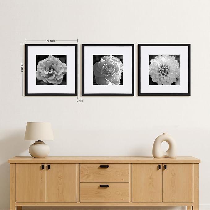 eletecpro Gallery Wall Frame Set of 3, 16x16 Inch Square Black Frames with 12x12 Mat, Scratch-Resistant Finish for Modern Home Decor