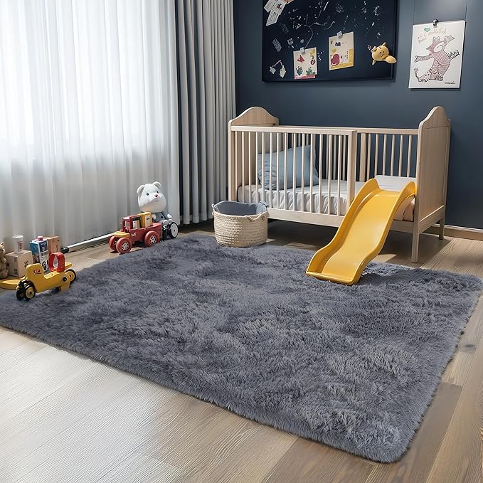 KICHOWUA 3x5 Grey Fluffy Shag Rug for Bedroom Soft Plush Fuzzy Washable Non Slip Carpet, Modern Floor Cozy Furry Shaggy Small Area Rug for Living Room, Kids Baby Boys Girls Nursery Dorm Room