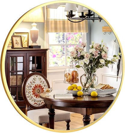 XRAMFY 24 Inch Round Mirror - Circle Mirrors for Bathroom, Entryway and Living Room Wall Decor, Modern Hanging Vanity Mirror, Matte Gold Circle Decorative Wall Mirror