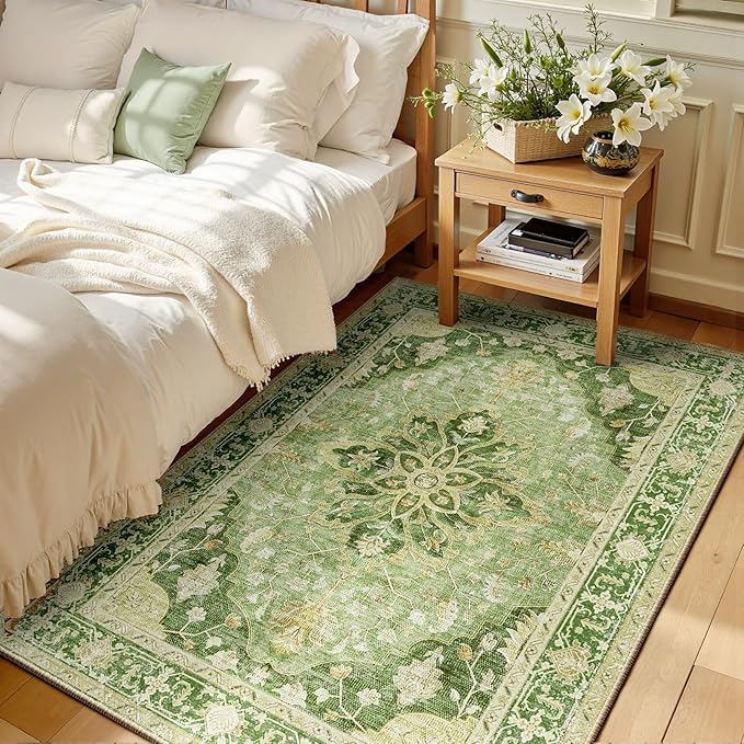 RELEANY Area Rugs 3'x5' Washable Non-Slip, Floral Vintage Distress Print Pattern Medallion Carpet for Living Room Bedroom Dining Room, Sage Green Yellow