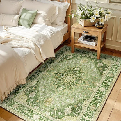 RELEANY Area Rugs 3'x5' Washable Non-Slip, Floral Vintage Distress Print Pattern Medallion Carpet for Living Room Bedroom Dining Room, Sage Green Yellow
