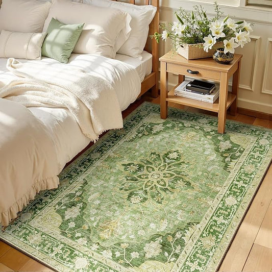RELEANY Area Rugs 3'x4' Washable Non-Slip, Floral Vintage Distress Print Pattern Medallion Carpet for Living Room Bedroom Dining Room, Sage Green Yellow
