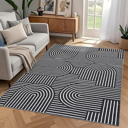 ROYHOME Washable Rug 8x10 Area Rugs for Living Room, Abstract Rug for Bedroom, Soft Rainbow Non Slip Throw Rugs with Rubber Back, Low Pile Stain Resistant Boho Geometric Carpet for Dining Room, Black