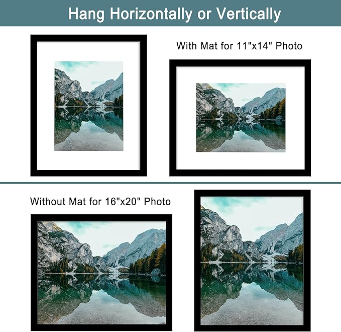iRahmen 16x20 Picture Frame Set of 2 with Plexiglass, Black Poster Frame Display 11x14 Picture with Mat or 16 x 20 Without Mat, Wood Photo Frame for Horizontal or Vertical Wall Mounting