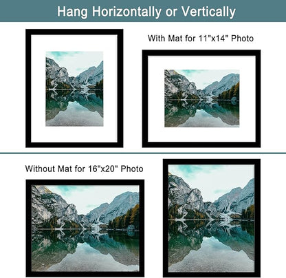 iRahmen 16x20 Picture Frame Set of 2 with Plexiglass, Black Poster Frame Display 11x14 Picture with Mat or 16 x 20 Without Mat, Wood Photo Frame for Horizontal or Vertical Wall Mounting