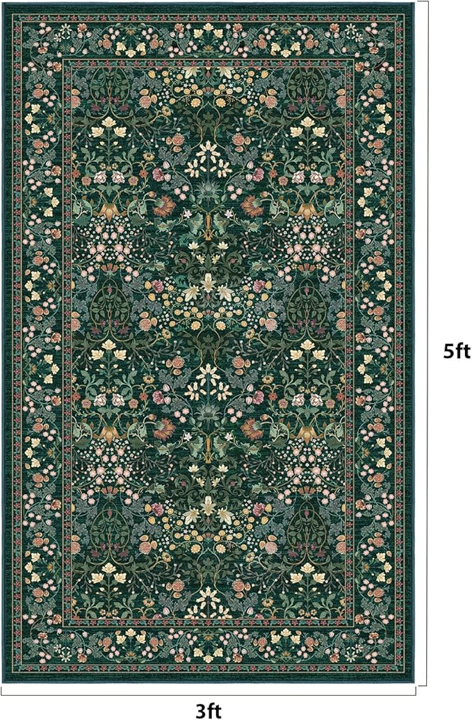 AMADA HOMEFURNISHING 3x5 Entryway Rug Indoor, Non-Slip & Low-Profile Area Rugs with Durable Edge Binding, Floral Pattern, Soft Washable Rug for Bedroom, Entryway and Kitchen