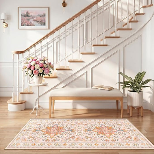 RELEANY Area Rugs 2'6"x5' Runner Rug Non Slip Washable for Kitchen Hallway Bedroom Beside Laundry Room Bathroom Rug, Floor Carpet, Light Pink Colorful