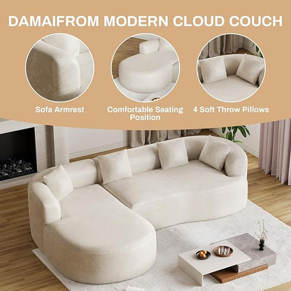 Luxury Modern Tight Curved Back Sofa, 111" Minimalist Style Comfy Couch for Living Room, 4 Seater Modular Chenille Sectional with 4 Throw Pillows,No Assembly Needed,Cream White(Left-Facing Chaise)
