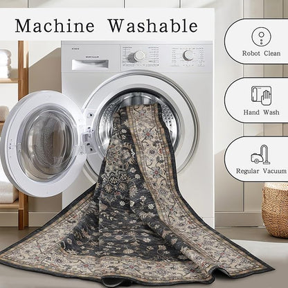 Srugn Washable Rugs 8x10 Area Rugs for Living Room,Rugs for Bedroom,Large Carpets,Ultra Soft Faux Wool Retro Dining Room Rug,Non Slip&Non-Shedding Low Pile Vintage Print Rug for Home Office-Black